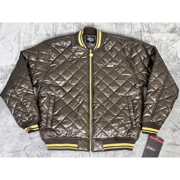 South Pole Mens Large Brown Quilted Puffer Jacket Gold Trim New With Tags Y2K